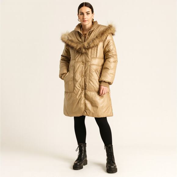 MACKAGE Genuine Fur Trim Puffer Jacket Cable Knit Trim Tan Cream Sz M $1,270 - Picture 1 of 10